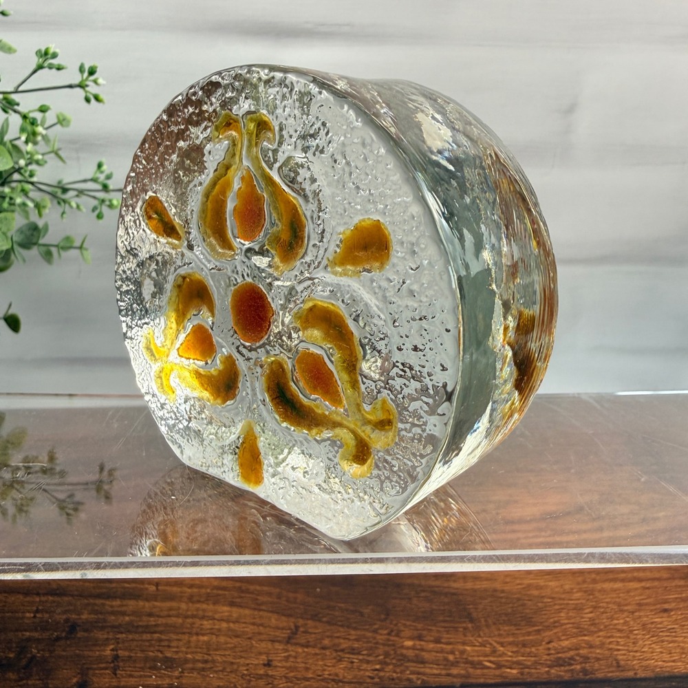 Walther Glas Crystal Bud Vase Amber Floral Relief West Germany